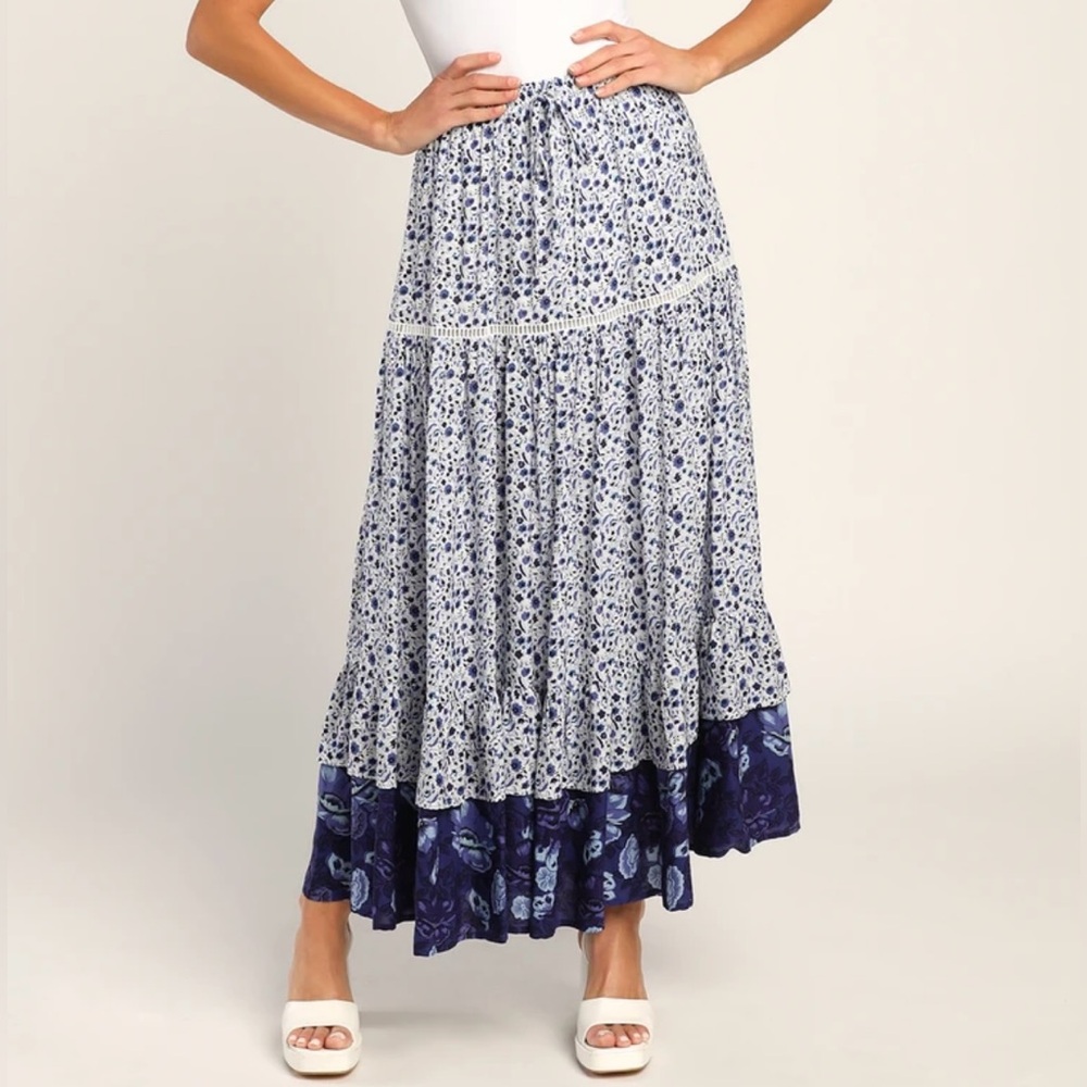 Lulu's White and Navy Floral Maxi Skirt